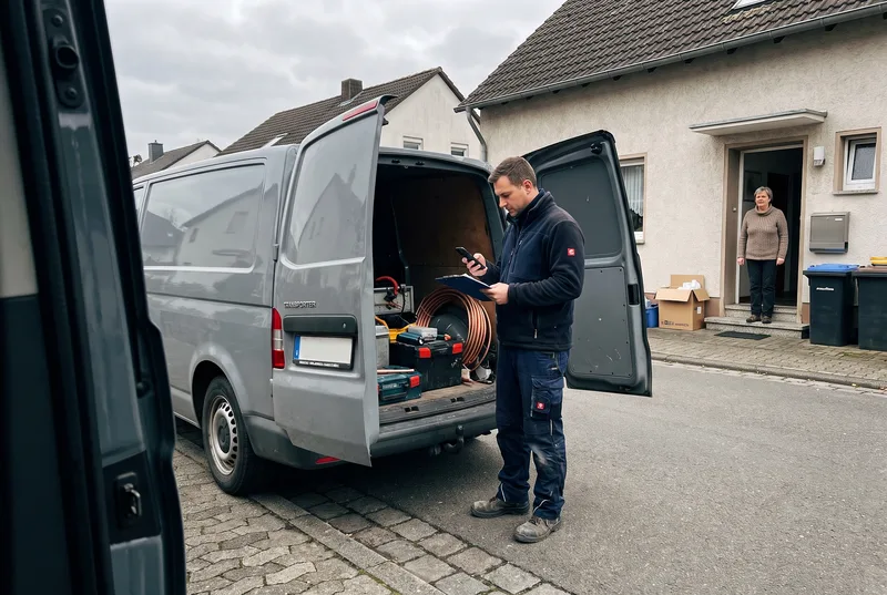 Ein Heizungsmonteur steht neben seinem Firmenwagen vor einem Wohnhaus und sieht auf sein Telefon, in der Hand ein Klemmbrett
