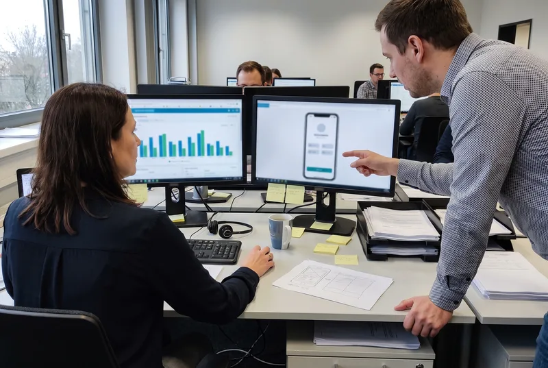 Eine Marketingleiterin sitzt an ihrem Schreibtisch vor zwei Bildschirmen, links ein Anzeigen-Dashboard, rechts eine Seitenansicht auf einem Telefon, ein Kollege zeigt auf den rechten Bildschirm