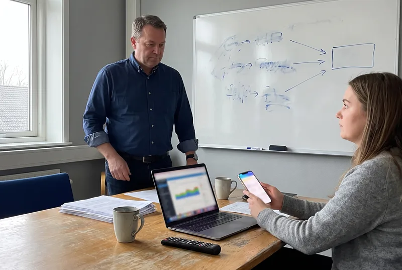 Ein Marketingleiter steht am Whiteboard mit vier skizzierten Seiten, die auf ein Telefon zeigen; eine Kollegin hält ihr Telefon mit einer Seitenansicht hoch, daneben ein Laptop mit Anzeigen-Dashboard