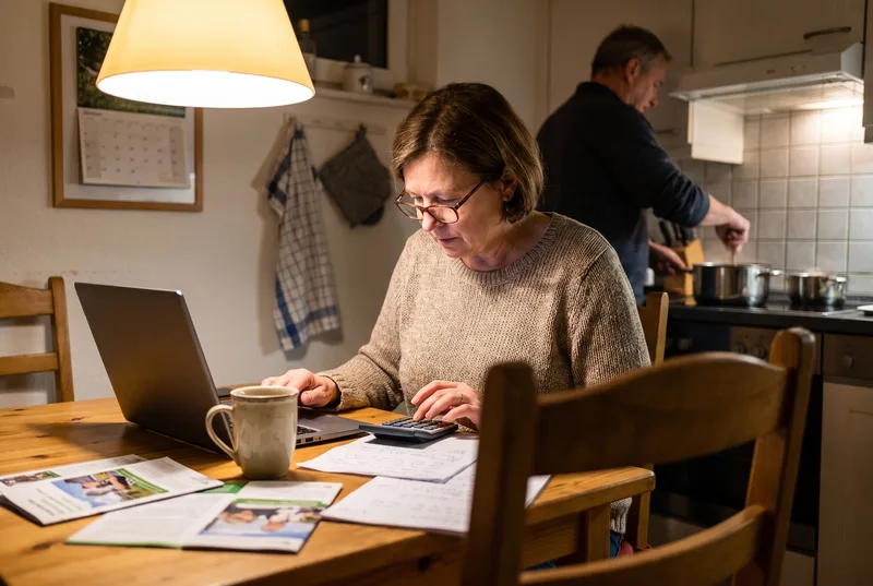 Eine Betriebsinhaberin sitzt abends am Küchentisch mit Laptop, Taschenrechner und einem Blatt mit zwei Spalten, daneben ausgedruckte Angebote