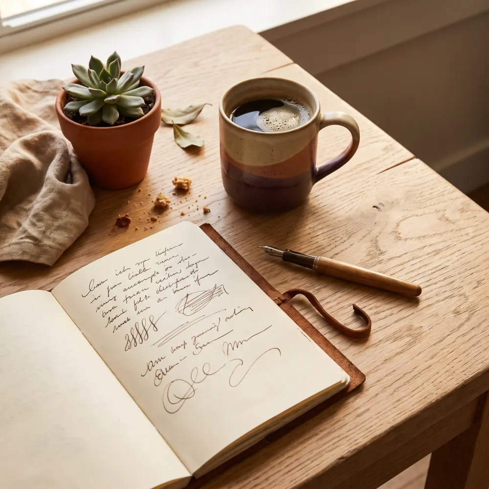Aufgeschlagenes Notizbuch mit Füller und Kaffee auf einem Holztisch