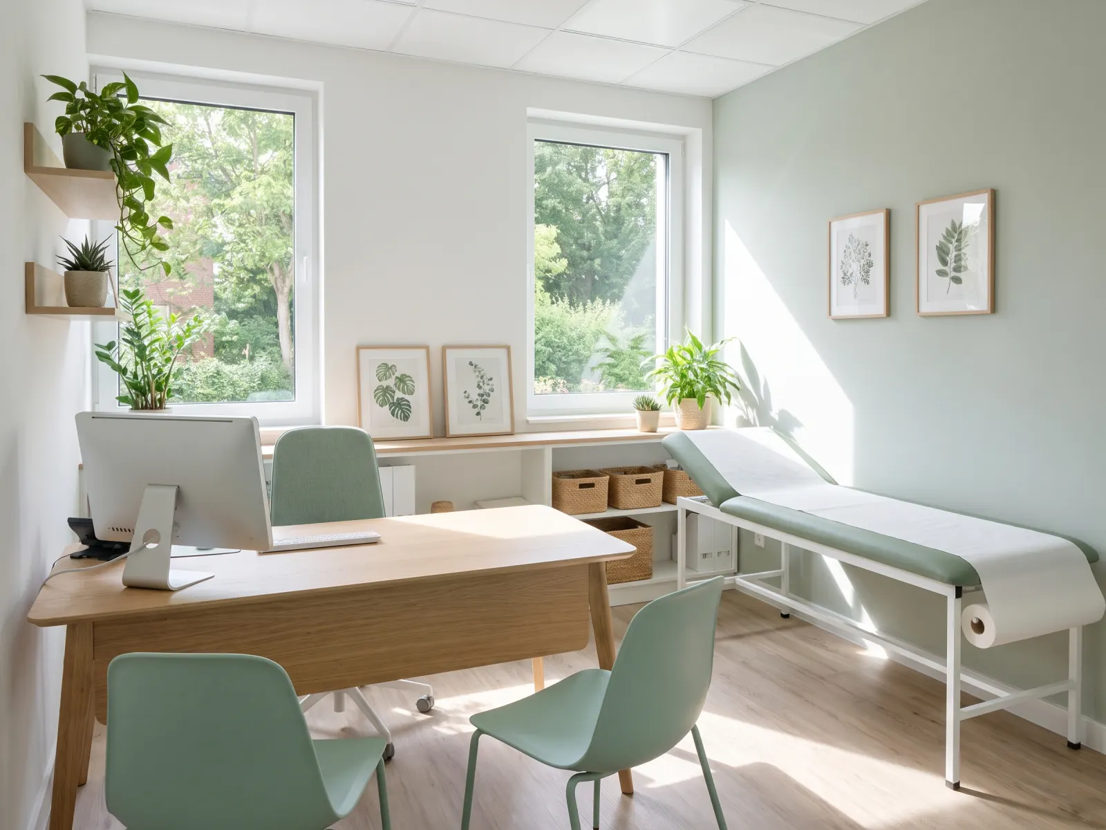Helles Sprechzimmer mit Liege, Schreibtisch und Fenster ins Grüne