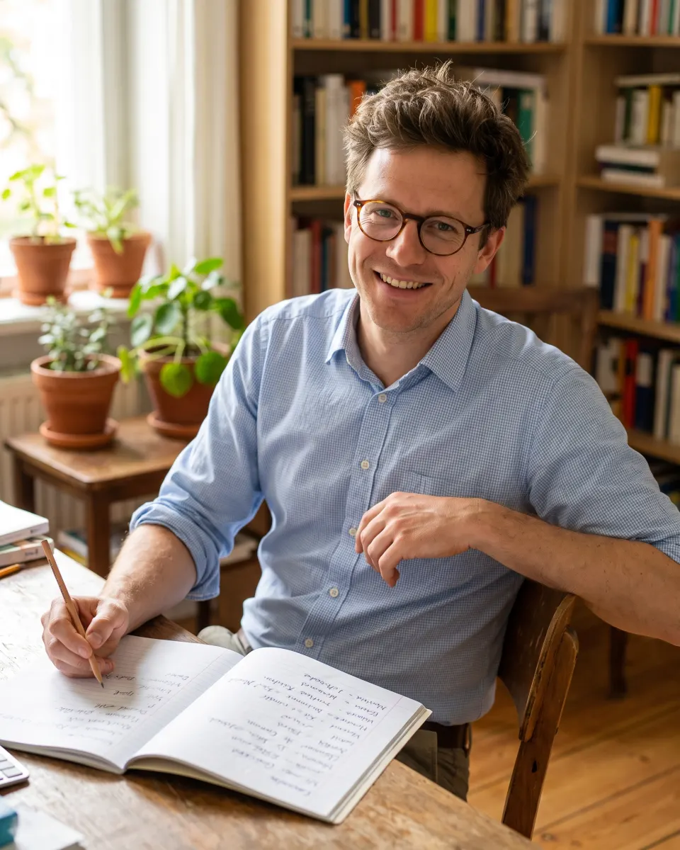 Florian Schmidt am Schreibtisch mit aufgeschlagenem Heft