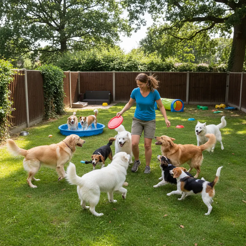 Lisa mit Hunden im Garten