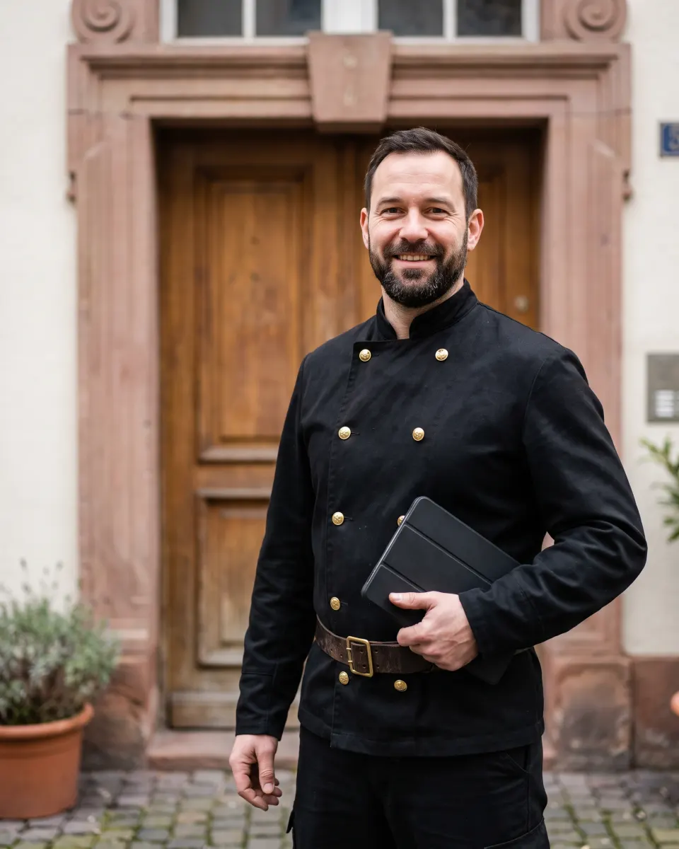 Martin Roth in Schornsteinfegerkluft vor der Haustür eines Altbaus